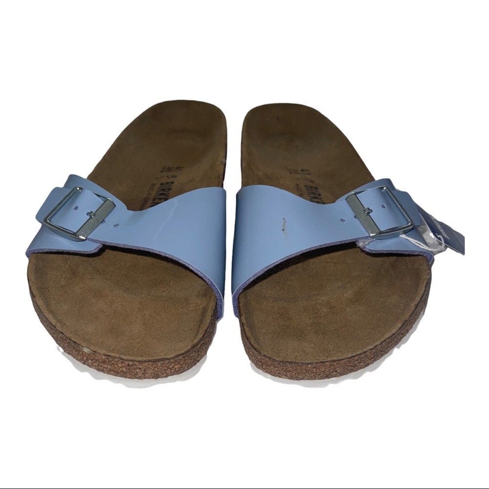 NWT BIRKENSTOCK Light Blue Madrid Buckle Patent Leather Slide Sandal Size 41 - Picture 5 of 5